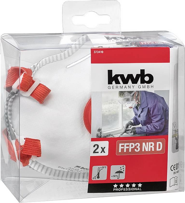 A box containing two kwb FFP3 NR D respiratory protection masks. The label displays an image of a person wearing the mask and safety information.