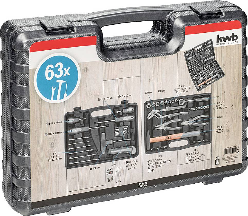 A toolkit containing 63 pieces, including screwdrivers, pliers and socket spanners, as shown in an image on the packaging.