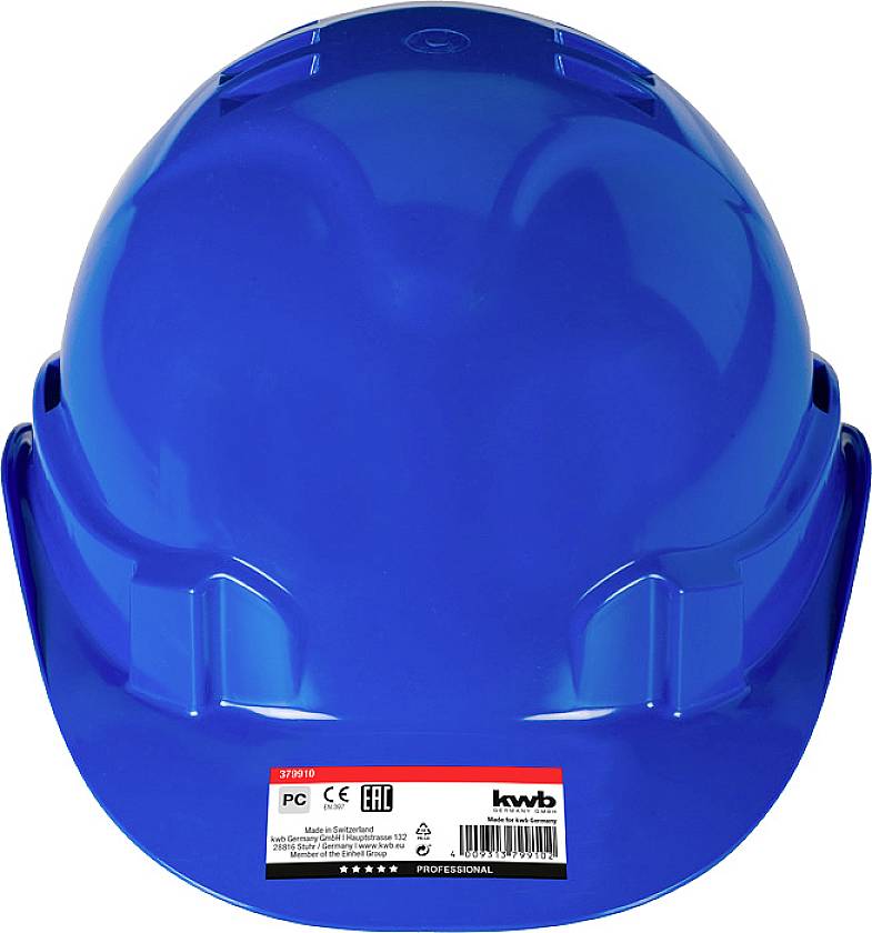 Blue construction hard hat with manufacturer's label and safety certifications.