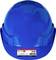 Blue construction hard hat with manufacturer's label and safety certifications.