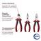 'Three pliers with red handles: Labels indicate polished surface, robust body made of hardened steel and handle protection.'