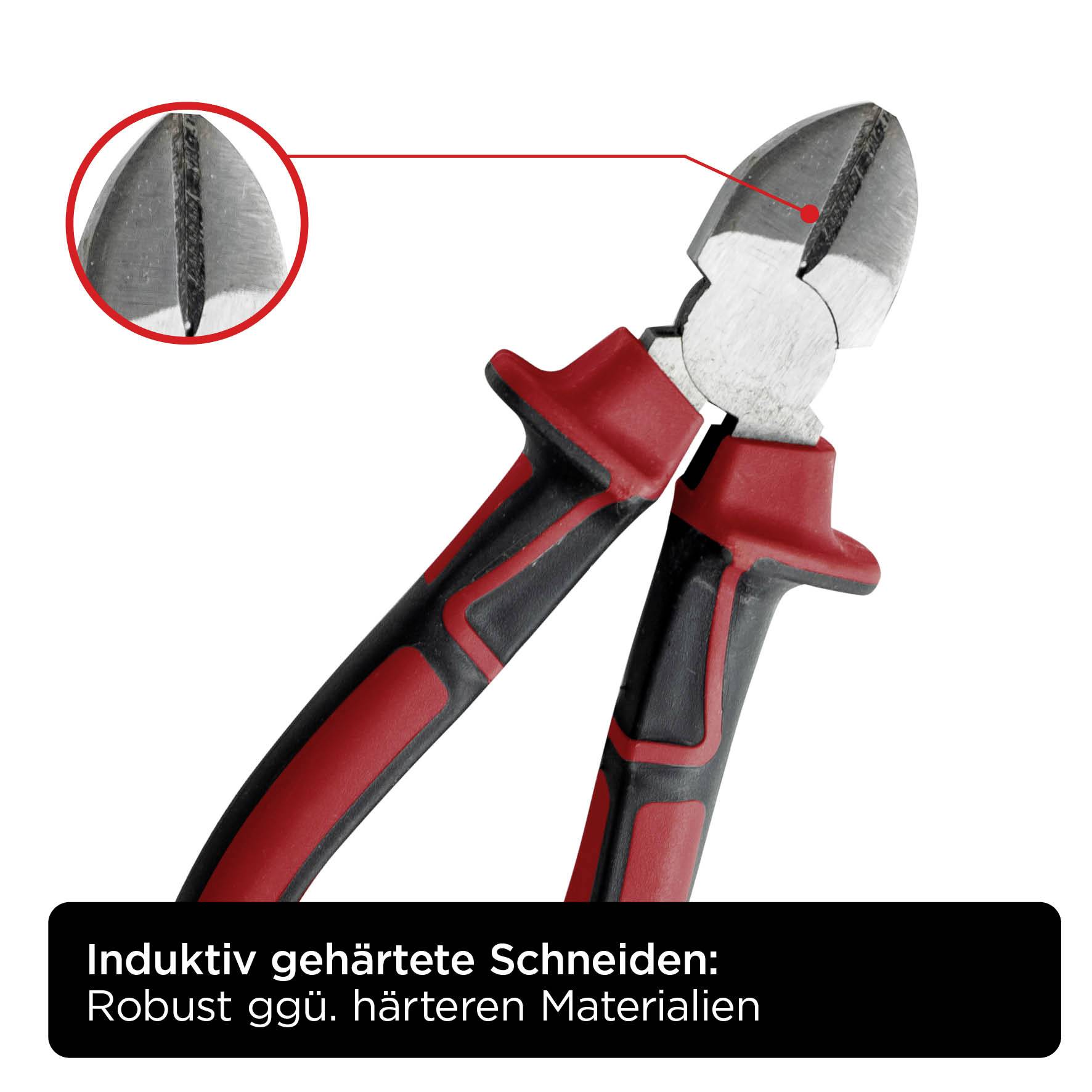 Pliers with a red-black handle and accentuated cutting edges. Text: 'Induction-hardened cutting edges: Robust against harder materials'.