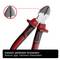 Pliers with a red-black handle and accentuated cutting edges. Text: 'Induction-hardened cutting edges: Robust against harder materials'.