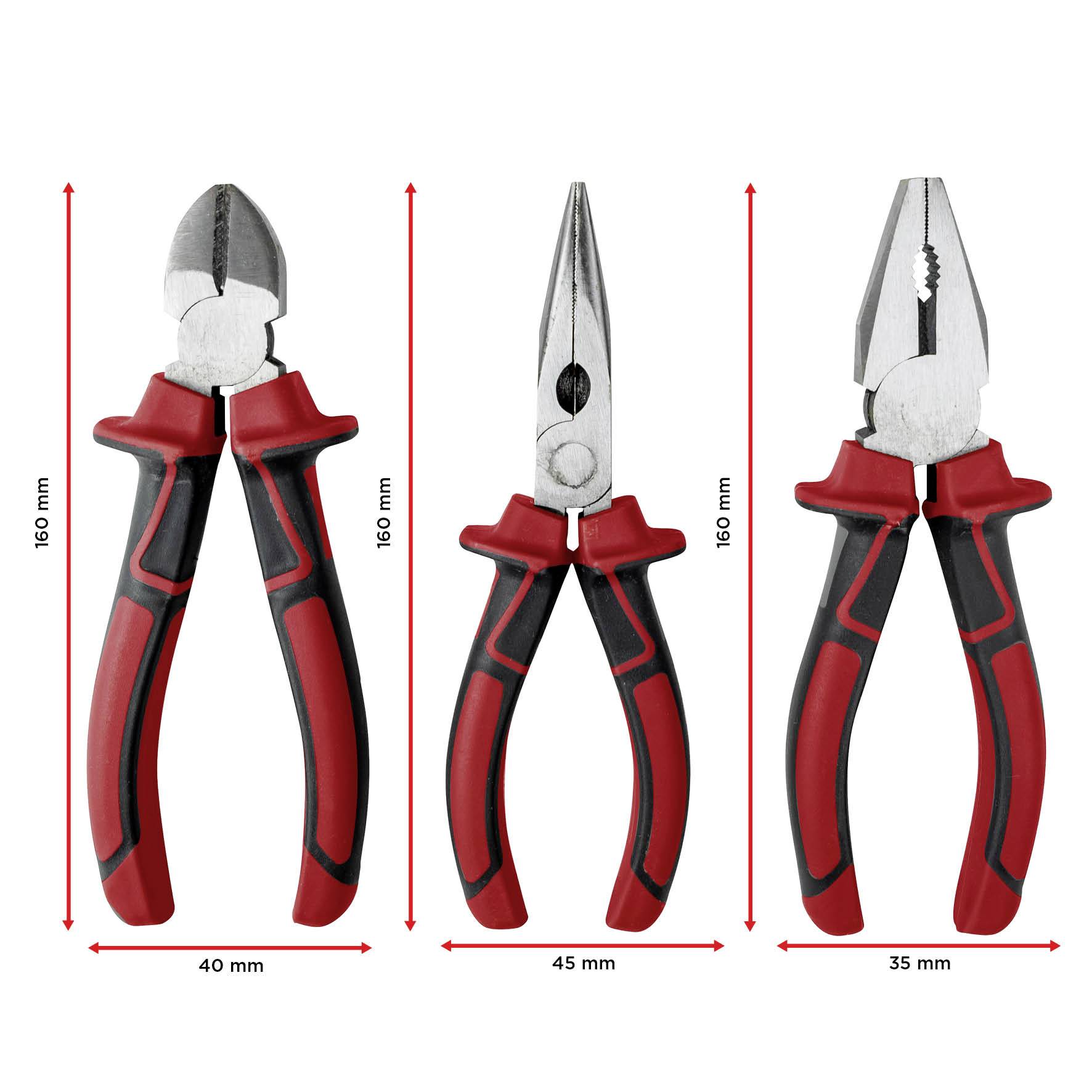 'Three red and black pliers: side cutters (40 mm), long-nose pliers (45 mm), combination pliers (35 mm), each 160 mm tall, with dimensions specified.'