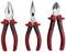 Three different pliers with red handles are lined up side by side: a combination pliers, long-nose pliers, and side cutters.