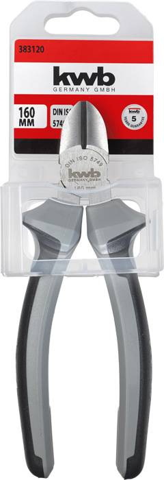Side cutters from 'kwb Germany' with black handle in plastic packaging, article number '383120', suitable for wire up to 160 mm.