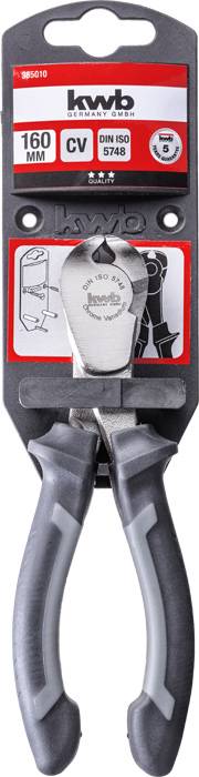 Pliers with ergonomic handle and 160 mm length, packaged. Includes symbols for usage and quality standard DIN ISO 5746.