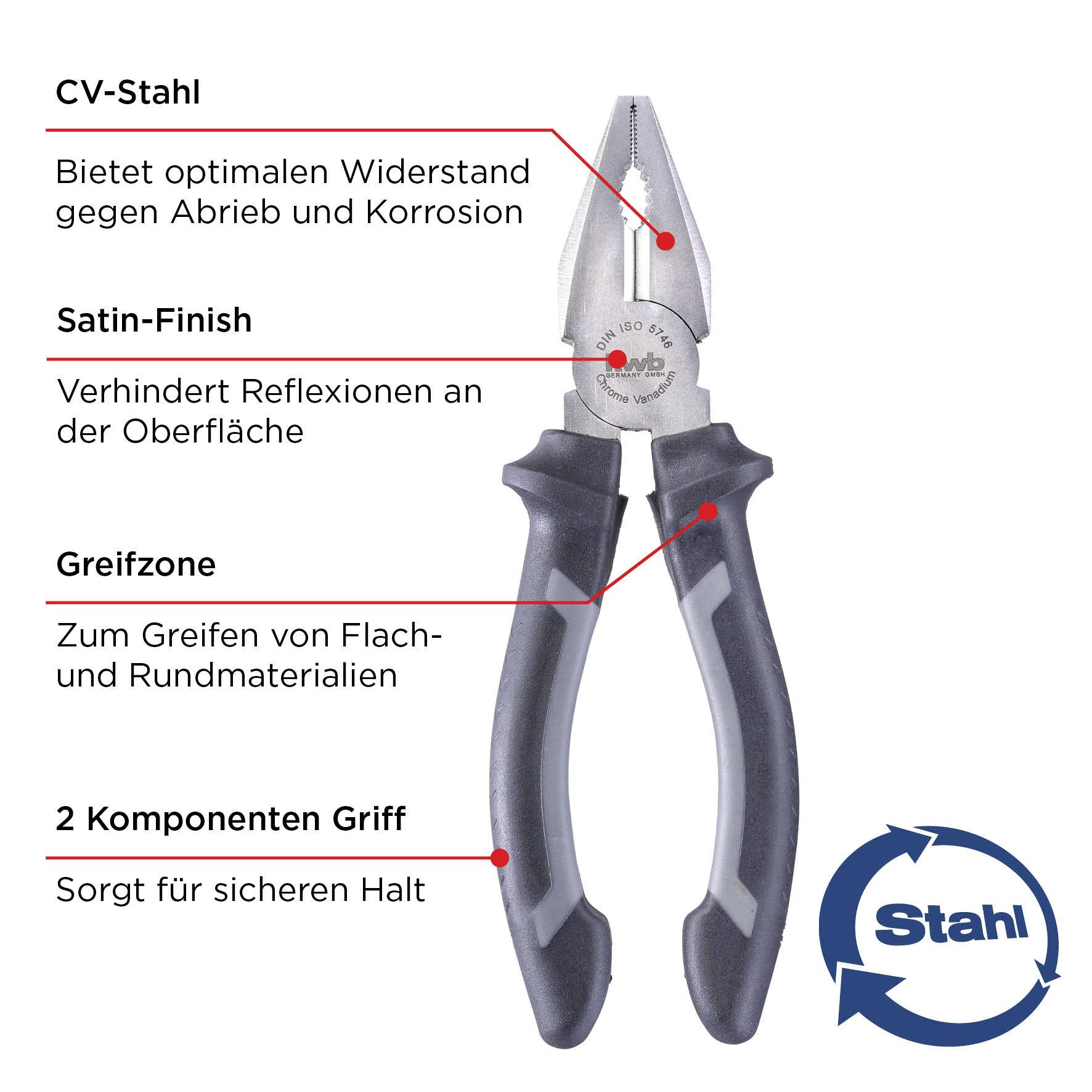 'Pliers with CV steel for abrasion and corrosion protection, satin-finished surface to reduce reflection, gripping zone for various materials, two-component handle for secure grip.'
