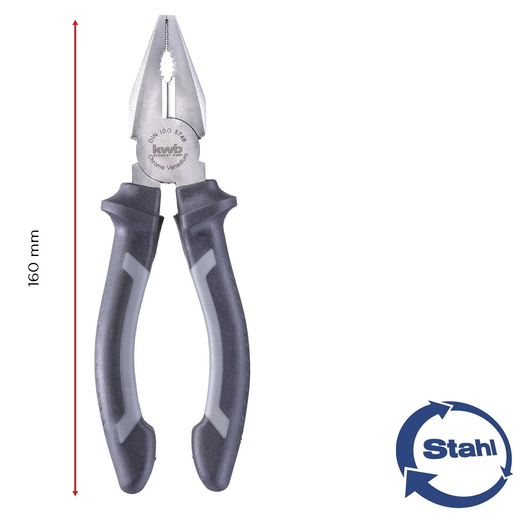 'Steel pliers with cutting edge, 160 mm long. Grey, ergonomic handles. Steel logo at bottom right.'