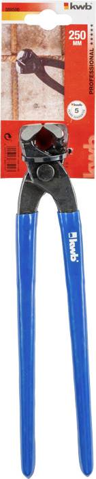 Bolt cutters with blue handles, packaged in a red cardboard box. Length: 250 mm. Suitable for cutting wires and bolts.