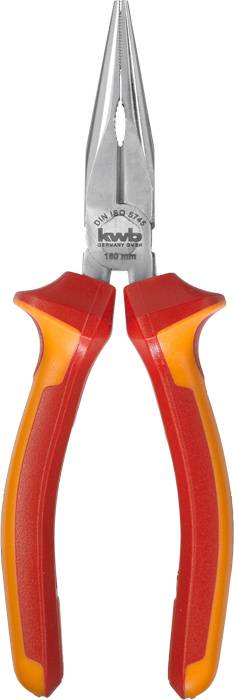 A pointed needle-nose pliers with a red and orange handle, suitable for gripping and bending thin wires or small objects.