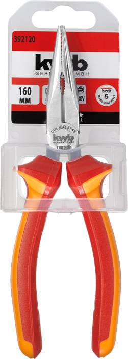 Red and orange combination pliers by kwb, 160 mm long, in a transparent packaging with '5 Year Guarantee' inscription.