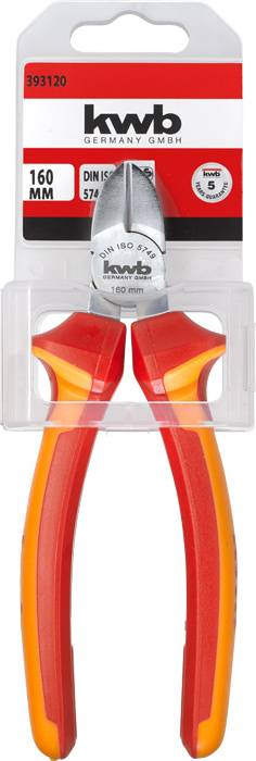 Pictured is a side cutter from the 'kwb' brand with a red and orange handle, packaged in a clear plastic box.