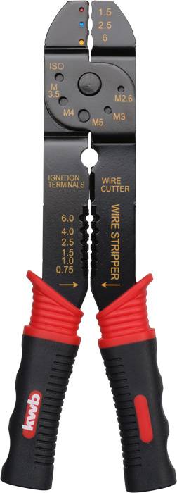 'Wire strippers with red handles, scaling and markings for wire sizes and functions such as cutting and stripping.'