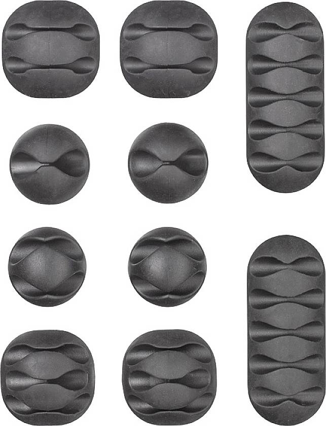 Various black cable clips in different shapes and sizes, used for organising and securing cables.