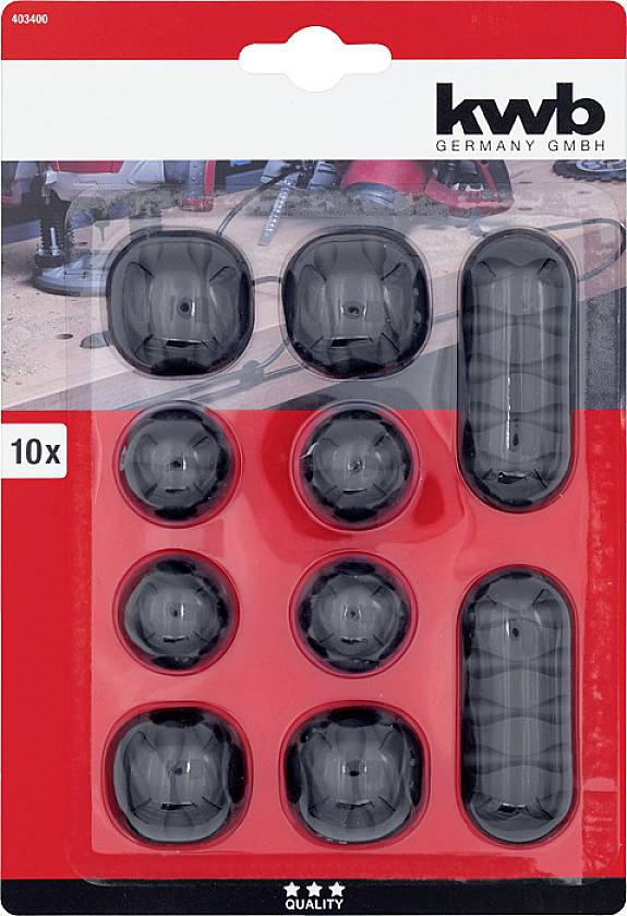 Packaging containing ten black rubber buffers of various sizes, suitable for furniture and appliances, on a red cardboard box with the "kwb" logo.