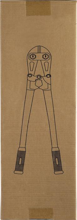 Illustration of a bolt cutter displayed on a cardboard box. The box is sealed with tape at the top and bottom.