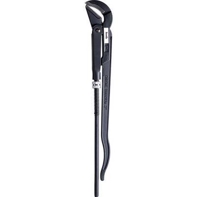 A black pipe wrench on a white background, used for gripping and turning pipes during plumbing installation.