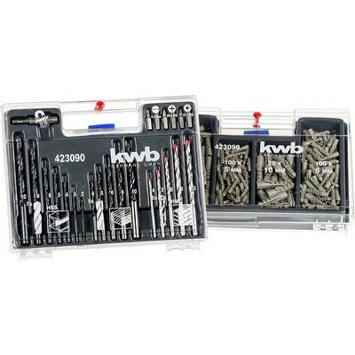 'Two boxes of tools: On the left various drills, on the right screws in two sizes. Label reads 'kwb Germany GmbH'.'