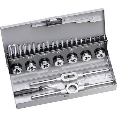 Metal thread cutting set in an open case, containing tapping tools, dies, and tools in various sizes.