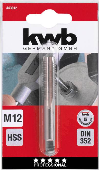 Packaging of a kwb HSS thread tap, Model M12, suitable for professional metalworking, with 5-year guarantee.