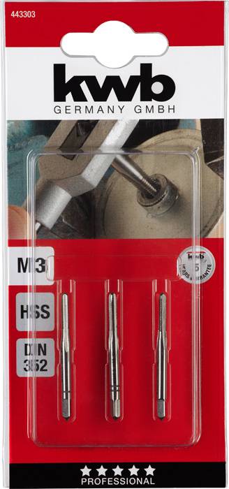 Packaging containing three 'kwb' brand tapping drills for metalworking, size M3, HSS, DIN 352, suitable for precise thread cutting.