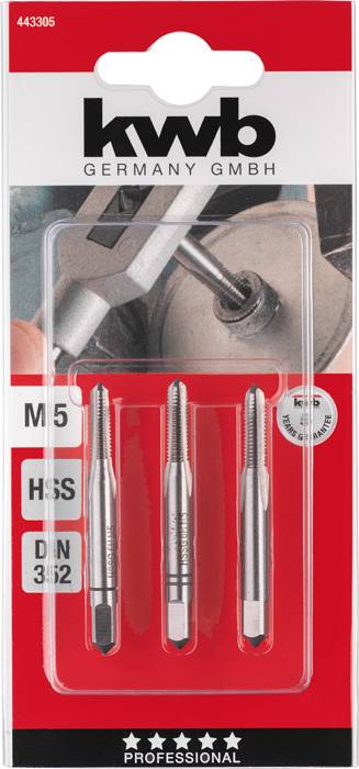 Three tap drills in a package labelled 'M5 HSS DIN 352', suitable for precise metalworking.