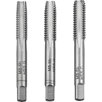 Three metal tap drills in a row, each labelled 'M8-6h' and 'HSS-G', used for cutting internal threads.