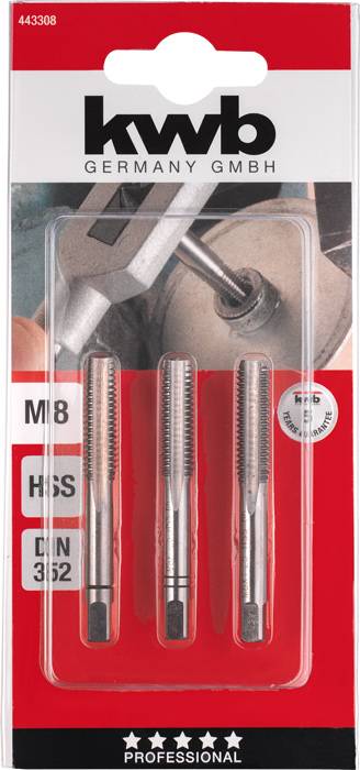 Packaging containing three HSS (high-speed steel) metric thread cutting taps by kwb, suitable for M8 threads, manufactured to DIN 352 standard, designed for professional use.