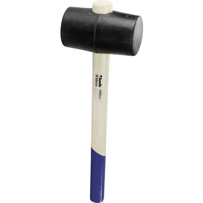 A black rubber mallet with a wooden handle and blue handle end, suitable for gentle strikes without damaging the surface.