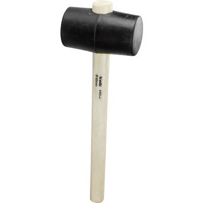 A rubber mallet with a light wooden handle and black rubber head, suitable for work where surfaces need to be protected.