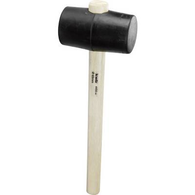 Rubber mallet with a black head and light wooden handle, suitable for tasks requiring gentle striking force.