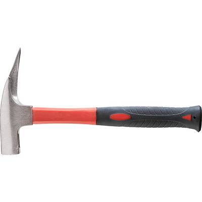 A hammer with a red handle and metallic head points to the left.