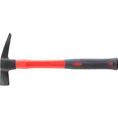 Hammer with a red handle and black head, lying on its side. Suitable for craftwork or construction projects.