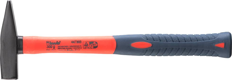 'Hammer with red and blue handle, weight 300g, suitable for universal work.'