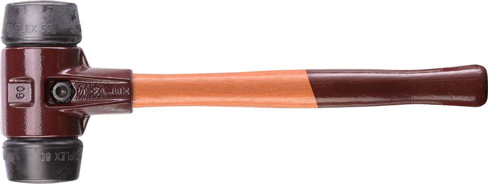 A plastic hammer with a brown head, orange handle, and black rubber head, used for gentle hammering.