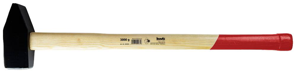 Wooden mallet with a black head and red handle.