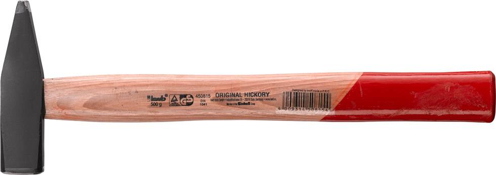 A hammer with a wooden handle and a red tip. The head is made of metal, suitable for craftwork.