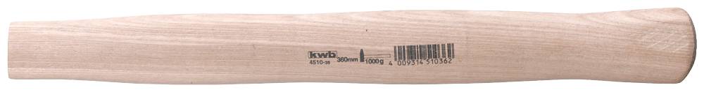 'Wooden handle of a hammer with barcode and printed brand, kvb.'