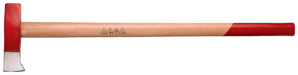 A red sledgehammer with a wooden handle is lying horizontally. The head of the hammer is red and silver-coloured.