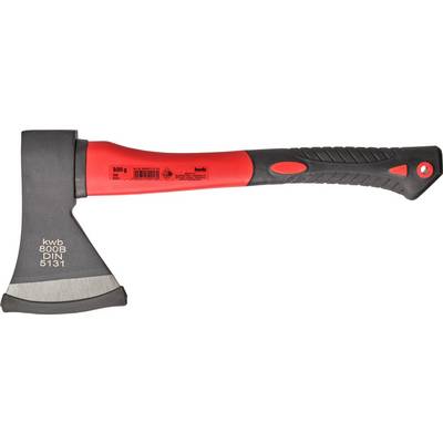 Axe with red and black handle, Kwb 800 g, DIN 5131, side profile, clear markings on the blade and handle.