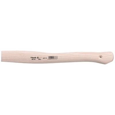 Wooden handle of a hammer with a curved shape and barcode label.