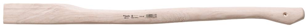 A wooden axe handle with a smooth surface, a hole at the end, and a serial number printed in black text.