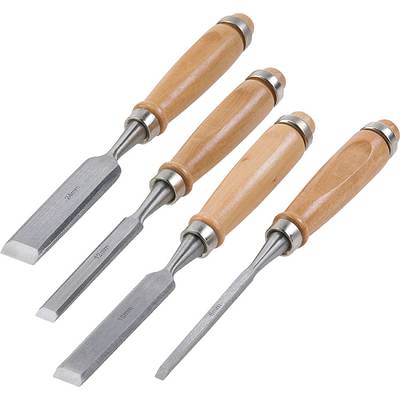 Wood Chisel Set: Four chisels with wooden handles and steel blades of varying widths, used for woodworking.