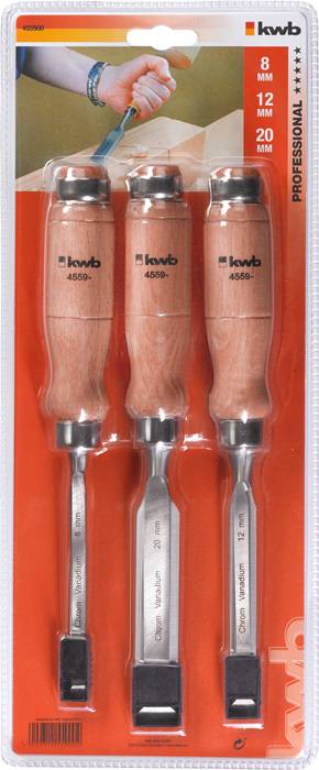 'Three wood chisels in plastic packaging, sizes: 8 mm, 12 mm, 20 mm, Brand: kwb, Product line: Professional.'