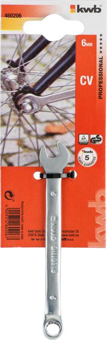 'A 6-mm spanner from kwb, pictured on a red packaging, with a photograph of a bicycle part in the background.'