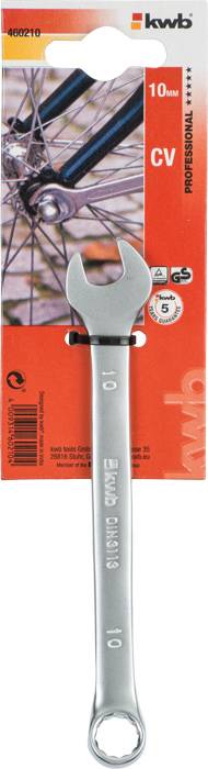 A silver adjustable spanner by kwb, size 10 mm, positioned in front of packaging featuring a bicycle image and red details.