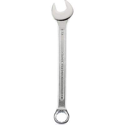 A silver spanner with open and closed ends. The tool is designed for screw-related work.