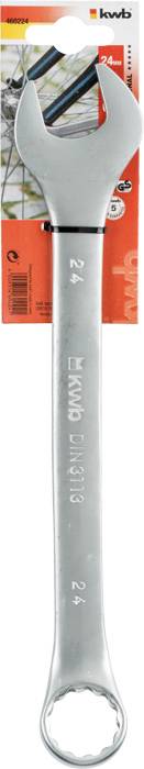 An adjustable spanner/wrench in packaging labelled 'KWB', suitable for 24 mm sizes, against a red background.