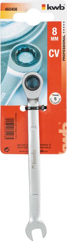 Adjustable spanner with ratchet mechanism, 8 mm size, 'kwb' brand. Packaging is red and orange.